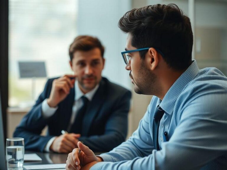 Consumidor jovem falando com advogado sobre reclamação no Procon, em escritório do Procon.