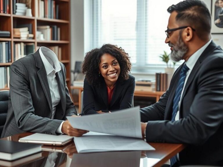 Mulher de etnia diversa consultando advogado sobre direitos do consumidor em um escritório moderno.