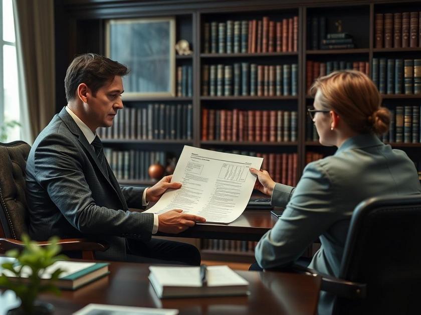 Advogado consultando cliente sobre cláusula de hardship em escritório elegante com livros jurídicos.