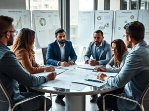 Equipe de colaboradores em reunião sobre compliance empresarial, refletindo compromisso com a ética e a conformidade.