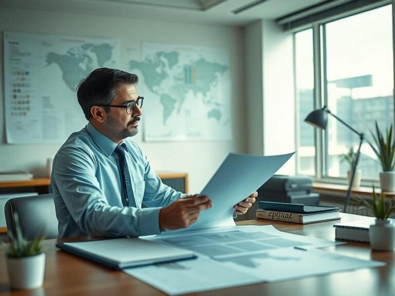 Empresário analisando documentos de drawback em escritório moderno no contexto de comércio exterior.