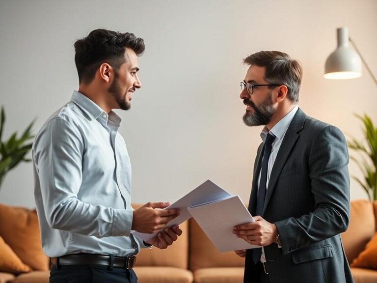 Cliente jovem discutindo sobre registro de imóvel com advogado em cartório moderno.