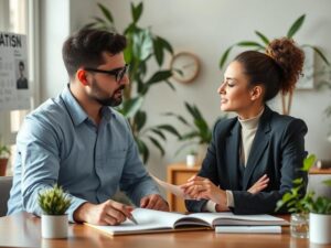 Jovem advogado orientando casal diversificado sobre registro de imóvel, abordando segurança jurídica e importância do processo.