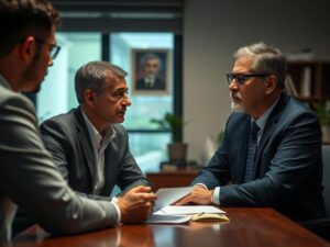 Cliente insatisfeito discutindo problemas com plano odontológico com advogado em escritório acolhedor.