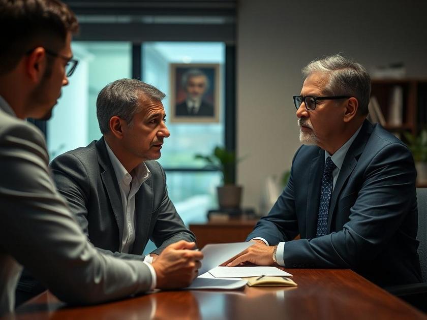 Cliente insatisfeito discutindo problemas com plano odontológico com advogado em escritório acolhedor.
