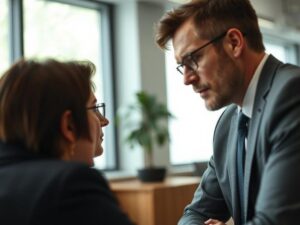 Cliente preocupado em reunião com advogado sobre vícios bancários e seus direitos em escritório moderno.