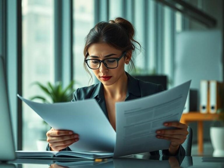 Mulher angustiada analisando documentos sobre negativação indevida em escritório moderno.