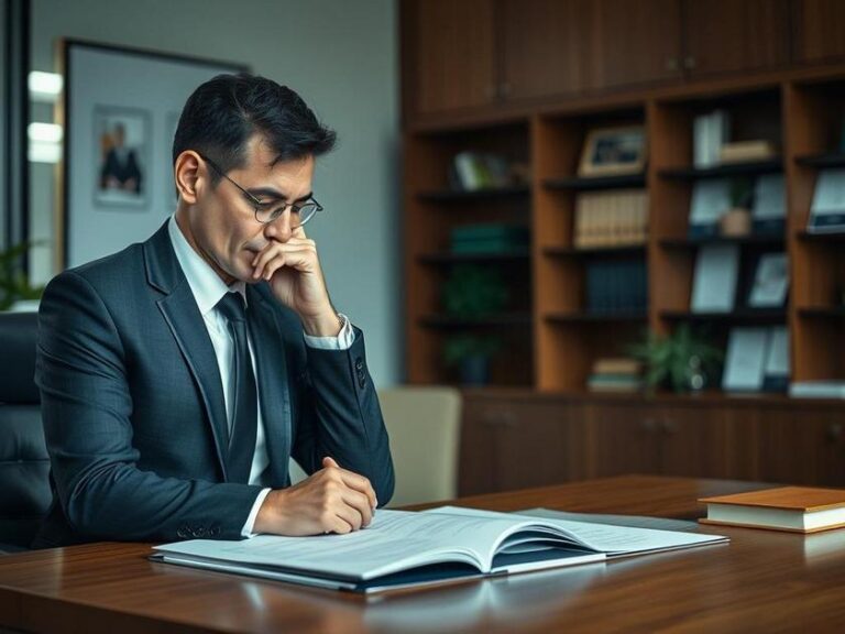 Cliente preocupado com advogado discutindo golpes na solicitação de benefícios do INSS em escritório de advocacia.