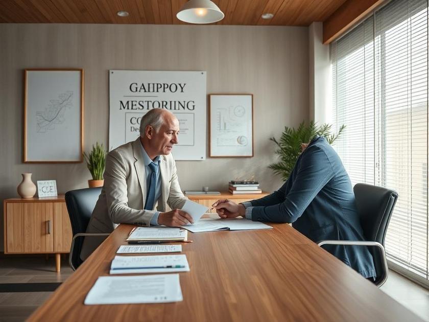 Proprietário preocupado consultando advogado experiente sobre desapropriação de imóveis em escritório.