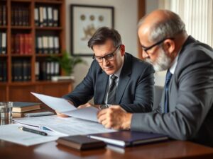 Trabalhador consultando advogado em escritório jurídico sobre rescisão indireta.