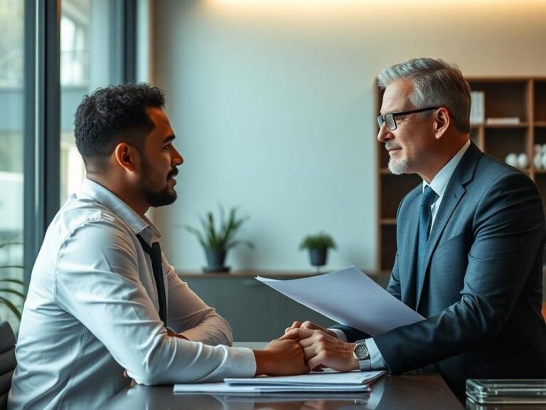 Consumidor conversando com advogado sobre direitos em relação a cobranças ilegais, em um escritório moderno.