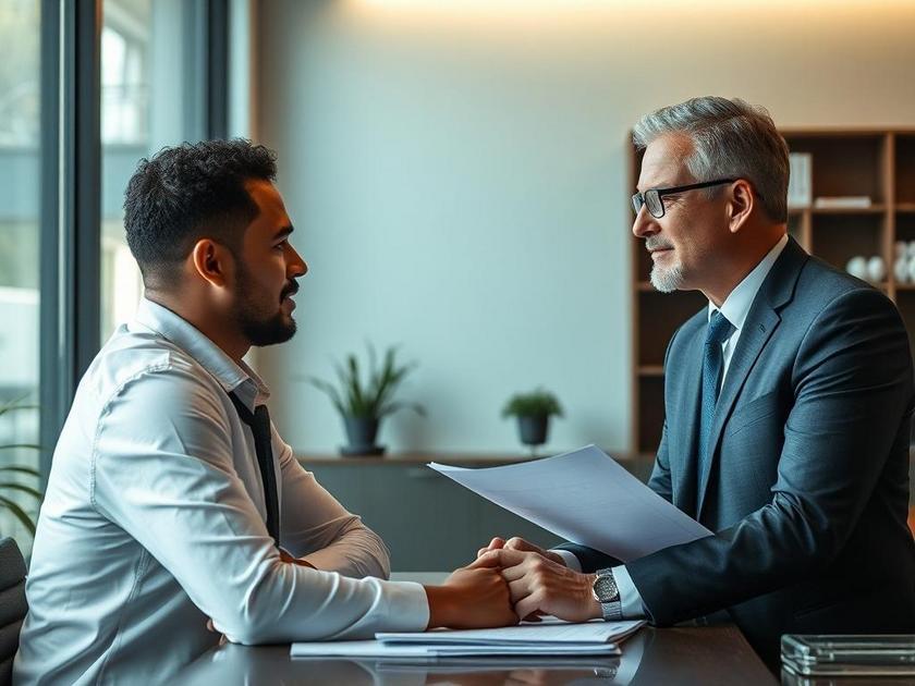 Consumidor conversando com advogado sobre direitos em relação a cobranças ilegais, em um escritório moderno.