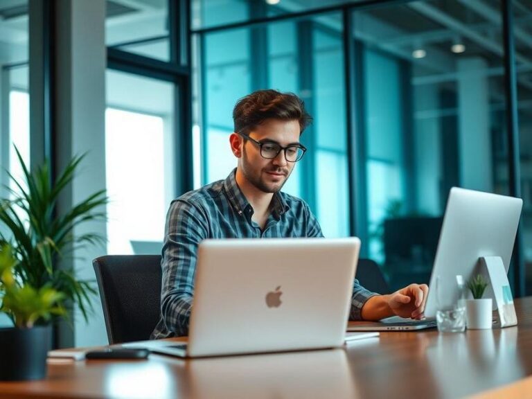 Consumidor jovem analisando compras online em laptop em escritório moderno, destacando direitos do consumidor em compras online.