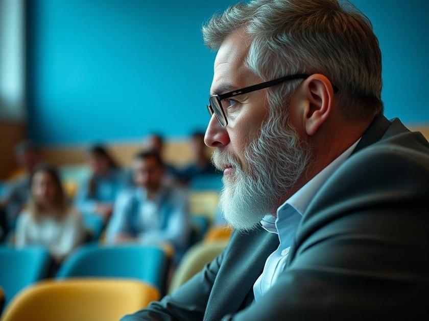 Pai e advogado discutindo sobre taxas escolares injustas em sala de aula moderna.