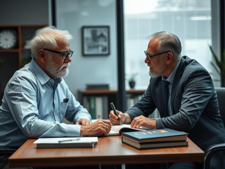 Cliente idoso discutindo questões fiscais com advogado no escritório, representando o contencioso tributário.