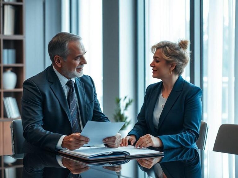Duas partes contratantes discutindo documentos contratuais em escritório elegante, enfatizando a importância de um contrato bem estruturado.