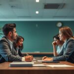 Advogado discutindo planos de stock options com equipe diversa em escritório moderno.