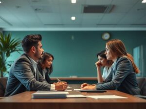 Advogado discutindo planos de stock options com equipe diversa em escritório moderno.