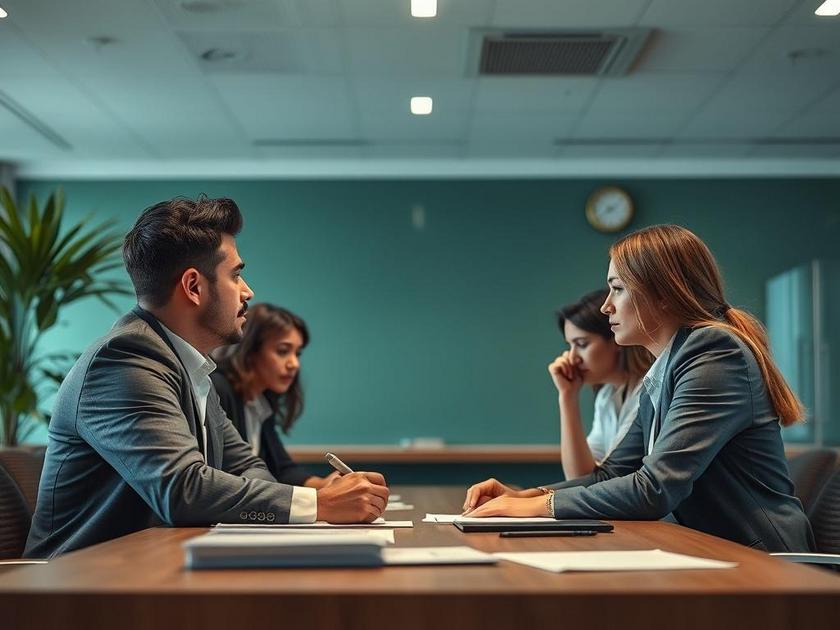 Advogado discutindo planos de stock options com equipe diversa em escritório moderno.
