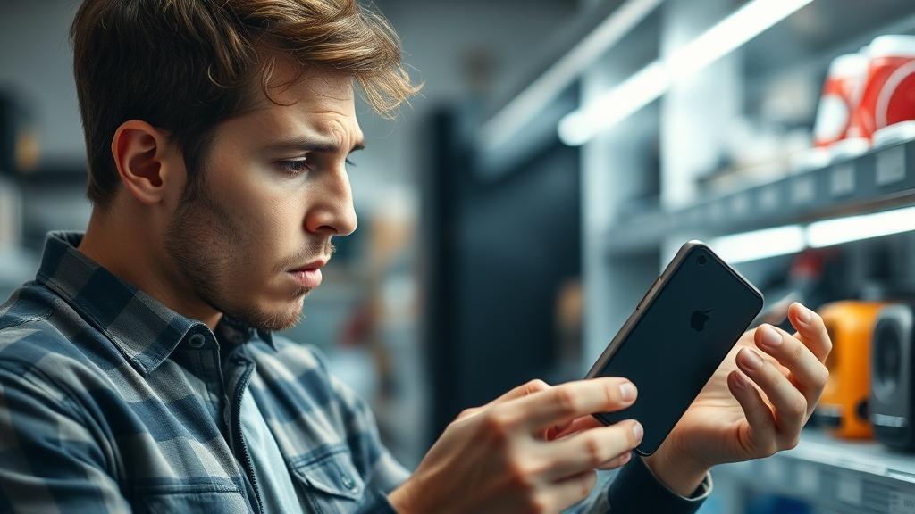 Jovem consumidor frustrado examinando produto defeituoso em loja de eletrônicos, passos legais para lidar com produtos defeituosos sob o CDC.