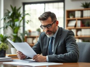 Consumidor determinado analisando documentos sobre produtos falsificados com advogado em escritório moderno.