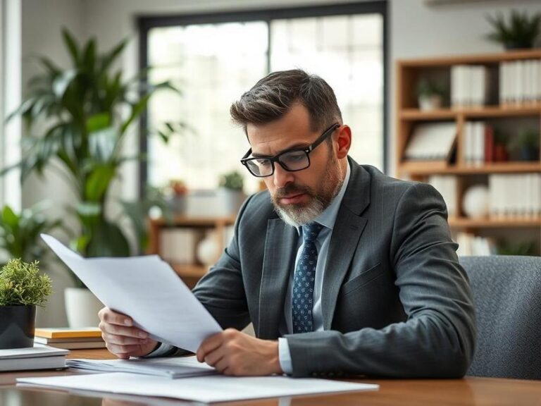 Consumidor determinado analisando documentos sobre produtos falsificados com advogado em escritório moderno.