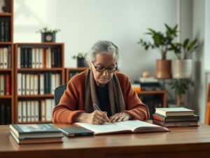 Pessoa idosa recebendo aconselhamento jurídico sobre superendividamento em escritório moderno.