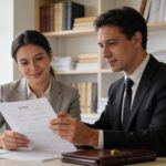 Cliente consultando advogado sobre cláusulas abusivas em contrato em escritório moderno.