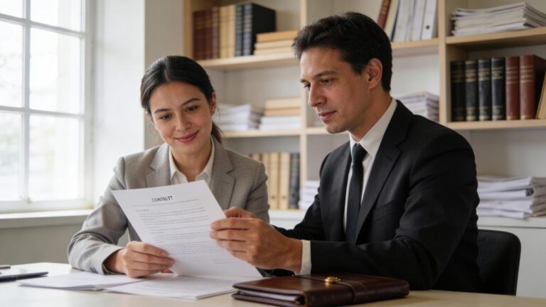 Cliente consultando advogado sobre cláusulas abusivas em contrato em escritório moderno.
