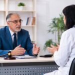 Paciente consultando advogado sobre como contestar negativa de tratamento off-label em escritório moderno.