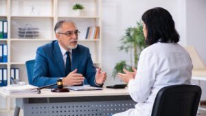Paciente consultando advogado sobre como contestar negativa de tratamento off-label em escritório moderno.