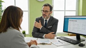 Cliente discutindo com advogado sobre a LGPD e proteção de dados pessoais em escritório moderno.