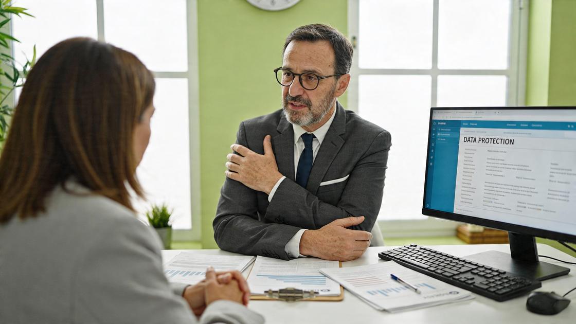 Cliente discutindo com advogado sobre a LGPD e proteção de dados pessoais em escritório moderno.