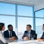 Executivos discutindo sobre governança corporativa em sala de conferências moderna.