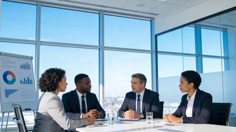 Executivos discutindo sobre governança corporativa em sala de conferências moderna.