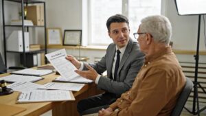 Advogado explicando fator previdenciário para cliente idoso em escritório jurídico, refletindo sobre aposentadoria.