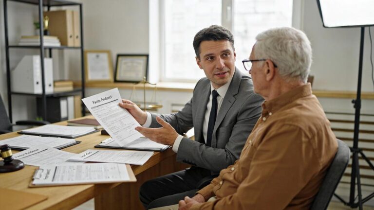 Advogado explicando fator previdenciário para cliente idoso em escritório jurídico, refletindo sobre aposentadoria.
