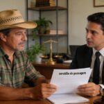 Proprietário rural consultando advogado sobre servidão de passagem em escritório moderno com documentação detalhada.