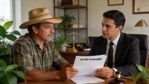 Proprietário rural consultando advogado sobre servidão de passagem em escritório moderno com documentação detalhada.