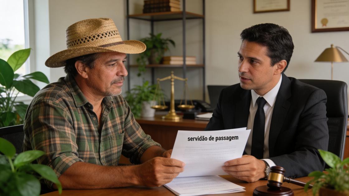 Proprietário rural consultando advogado sobre servidão de passagem em escritório moderno com documentação detalhada.