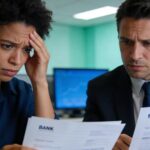 Consumidor preocupado analisando extratos bancários com advogado em escritório moderno sobre vazamento de dados.