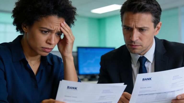 Consumidor preocupado analisando extratos bancários com advogado em escritório moderno sobre vazamento de dados.