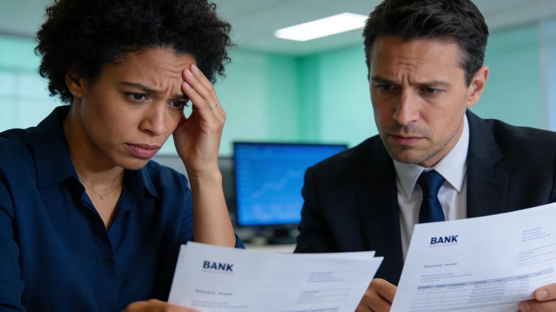 Consumidor preocupado analisando extratos bancários com advogado em escritório moderno sobre vazamento de dados.