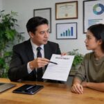 Advogado explicando contrato de investimento a jovem mulher em escritório moderno, tema: cuidados essenciais.