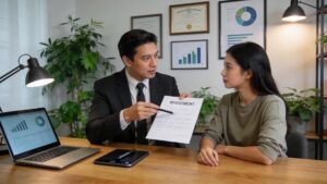 Advogado explicando contrato de investimento a jovem mulher em escritório moderno, tema: cuidados essenciais.
